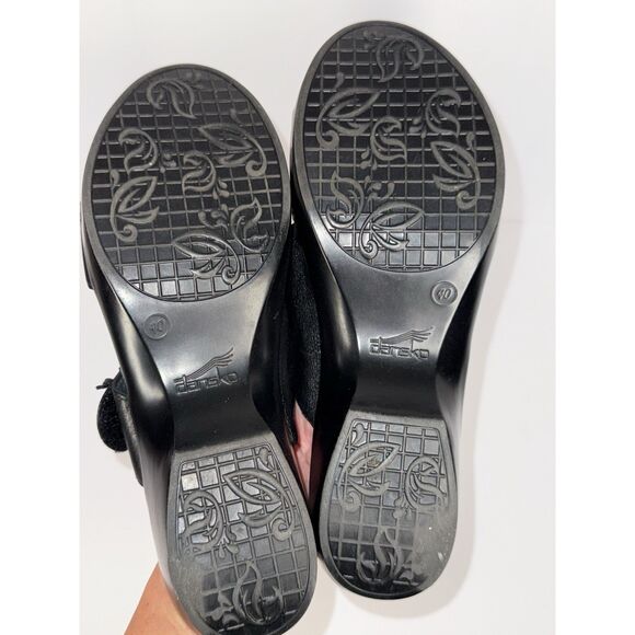 Dansko Donna Sandal Black Leather Comfort Slide Two Strap Low Wedge Floral 40/10 - Picture 13 of 13
